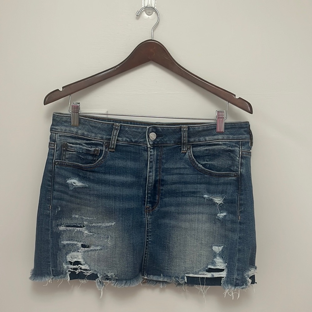 American Eagle Distressed Denim Super Stretch Mini Skirt